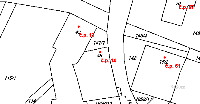 Chotěmice 14 na parcele st. 48 v KÚ Chotěmice, Katastrální mapa