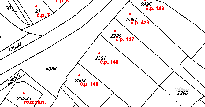 Veselí nad Lužnicí I 148, Veselí nad Lužnicí na parcele st. 2301 v KÚ Veselí nad Lužnicí, Katastrální mapa