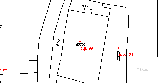 Olivětín 99, Broumov na parcele st. 652/1 v KÚ Broumov, Katastrální mapa