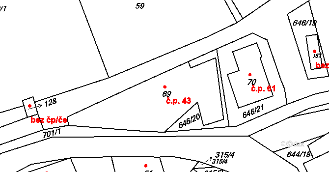 Bělý 43, Machov na parcele st. 69 v KÚ Bělý, Katastrální mapa
