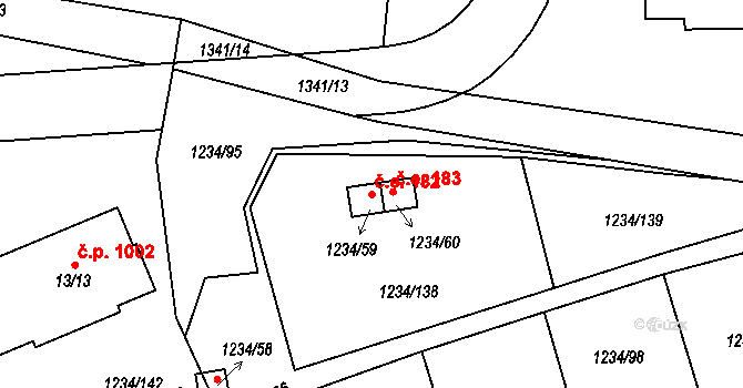 Vejprnice 182 na parcele st. 1234/59 v KÚ Vejprnice, Katastrální mapa