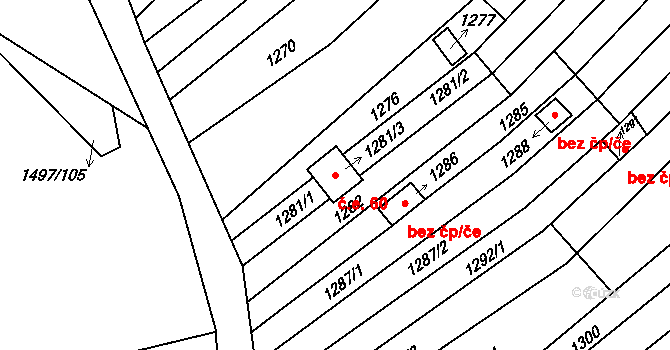 Sudoměřice 60 na parcele st. 1281/3 v KÚ Sudoměřice, Katastrální mapa