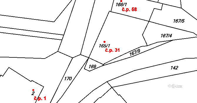 Lutotín 31, Bílovice-Lutotín na parcele st. 165/1 v KÚ Lutotín, Katastrální mapa