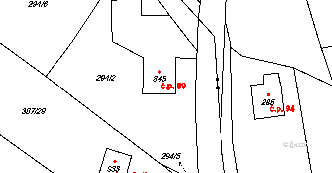 Konská 89, Třinec na parcele st. 845 v KÚ Konská, Katastrální mapa