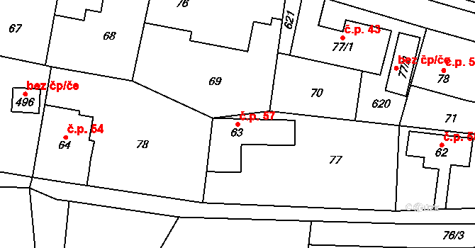 Tmaň 57 na parcele st. 63 v KÚ Tmaň, Katastrální mapa