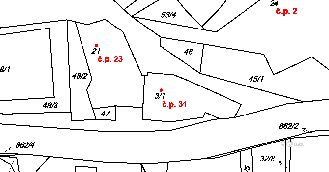 Dražetice 31, Borotice na parcele st. 3/1 v KÚ Dražetice II, Katastrální mapa