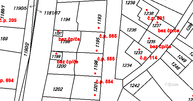 Ždánice 555 na parcele st. 1195 v KÚ Ždánice, Katastrální mapa