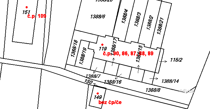 Nevcehle 86,87,88,89,90 na parcele st. 119 v KÚ Nevcehle, Katastrální mapa