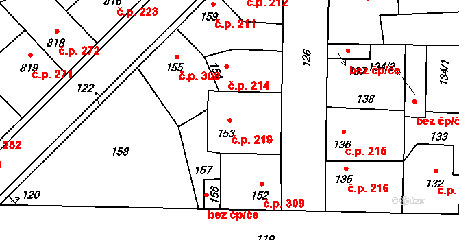 Hřebeč 219 na parcele st. 153 v KÚ Hřebeč, Katastrální mapa