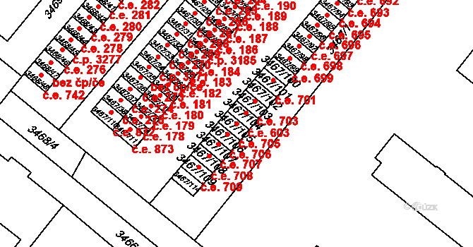 Vyškov-Předměstí 705, Vyškov na parcele st. 3467/105 v KÚ Vyškov, Katastrální mapa