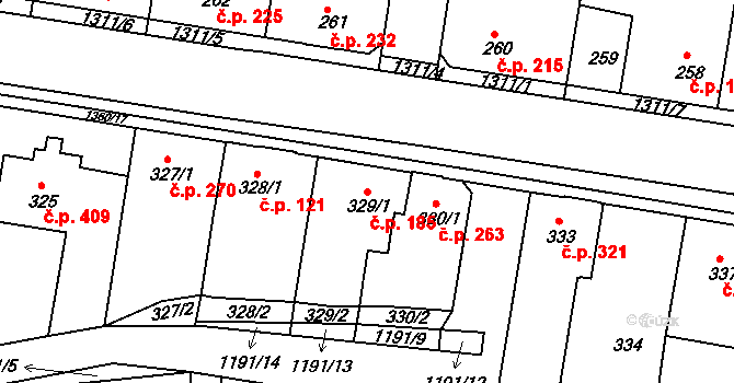 Tuchlovice 185 na parcele st. 329/1 v KÚ Tuchlovice, Katastrální mapa