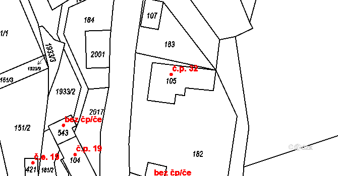 Pozděchov 32 na parcele st. 105 v KÚ Pozděchov, Katastrální mapa