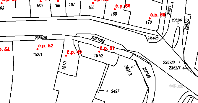 Hořice 51 na parcele st. 151/2 v KÚ Hořice v Podkrkonoší, Katastrální mapa