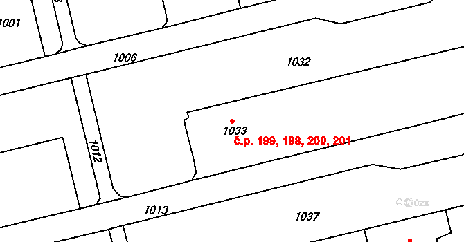 Chlumec 198,199,200,201 na parcele st. 1033 v KÚ Chlumec u Chabařovic, Katastrální mapa