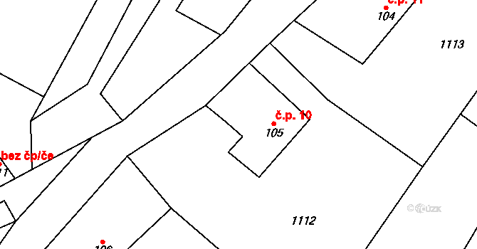 Hrádek 10 na parcele st. 105 v KÚ Hrádek u Jehnědí, Katastrální mapa