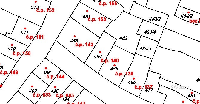 Kadaň 140 na parcele st. 484 v KÚ Kadaň, Katastrální mapa