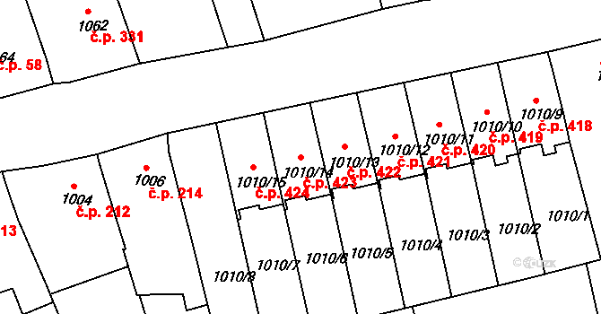Jarošov 423, Uherské Hradiště na parcele st. 1010/14 v KÚ Jarošov u Uherského Hradiště, Katastrální mapa