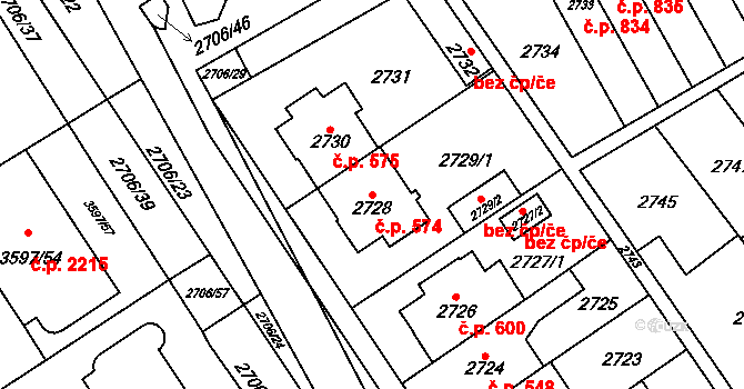 Řečkovice 574, Brno na parcele st. 2728 v KÚ Řečkovice, Katastrální mapa