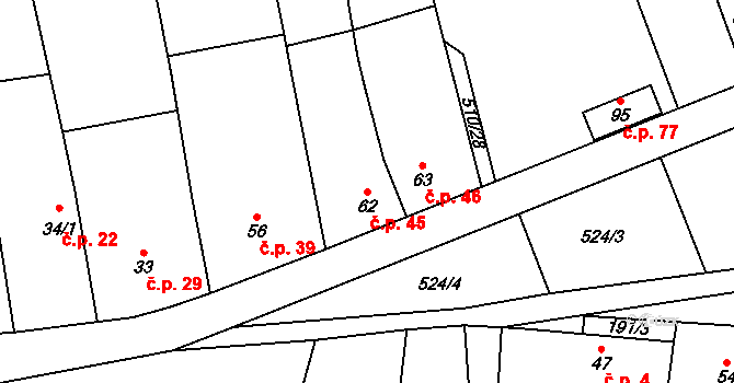 Nýrov 45 na parcele st. 62 v KÚ Nýrov, Katastrální mapa
