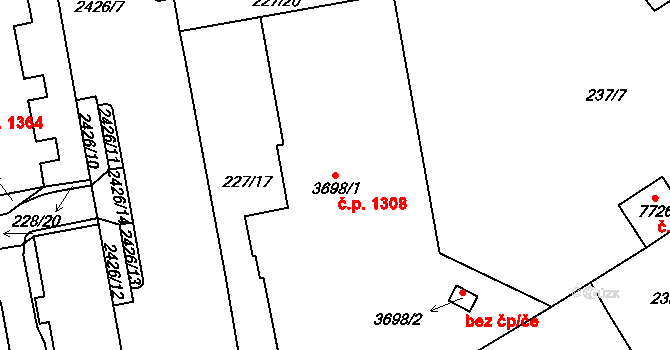 Cheb 1308 na parcele st. 3698/1 v KÚ Cheb, Katastrální mapa