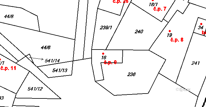 Horní Lhota 9, Dolní Žďár na parcele st. 16 v KÚ Horní Lhota u Lásenice, Katastrální mapa
