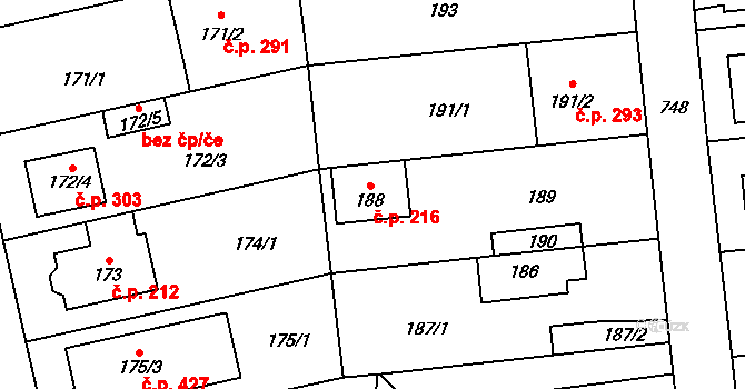Dolní Měcholupy 216, Praha na parcele st. 188 v KÚ Dolní Měcholupy, Katastrální mapa