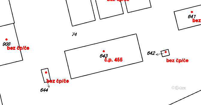 Prštné 455, Zlín na parcele st. 643 v KÚ Prštné, Katastrální mapa