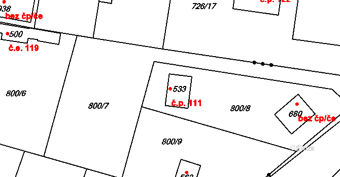 Tehovec 111 na parcele st. 533 v KÚ Tehovec, Katastrální mapa
