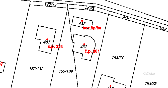 Chrustenice 201 na parcele st. 431 v KÚ Chrustenice, Katastrální mapa