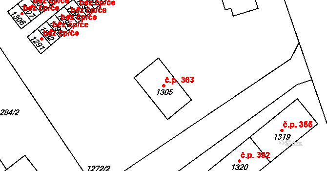 Zbůch 363 na parcele st. 1305 v KÚ Zbůch, Katastrální mapa