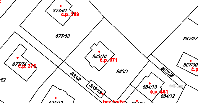 Jirny 371 na parcele st. 883/16 v KÚ Jirny, Katastrální mapa
