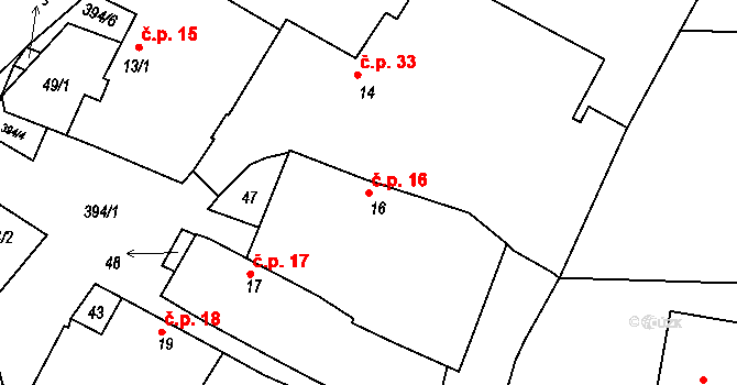 Kojetice 16 na parcele st. 16 v KÚ Kojetice na Moravě, Katastrální mapa