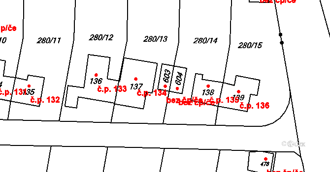 Hrádek 40660877 na parcele st. 603 v KÚ Nová Huť, Katastrální mapa