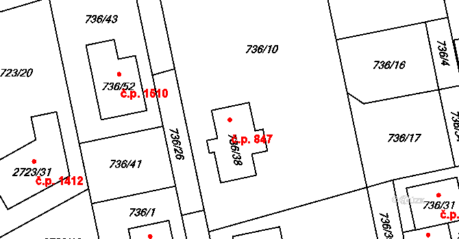 Kylešovice 847, Opava na parcele st. 736/38 v KÚ Kylešovice, Katastrální mapa