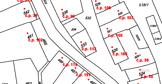 Kobeřice u Brna 113 na parcele st. 533 v KÚ Kobeřice u Brna, Katastrální mapa
