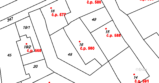 Rudná 560 na parcele st. 16 v KÚ Hořelice, Katastrální mapa