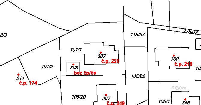 Hrádek 220 na parcele st. 307 v KÚ Hrádek u Sušice, Katastrální mapa
