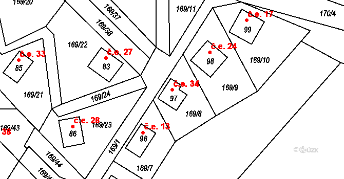 Pivonín 34, Zábřeh na parcele st. 97 v KÚ Pivonín, Katastrální mapa