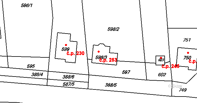 Přerov XII-Žeravice 253, Přerov na parcele st. 598/3 v KÚ Žeravice, Katastrální mapa