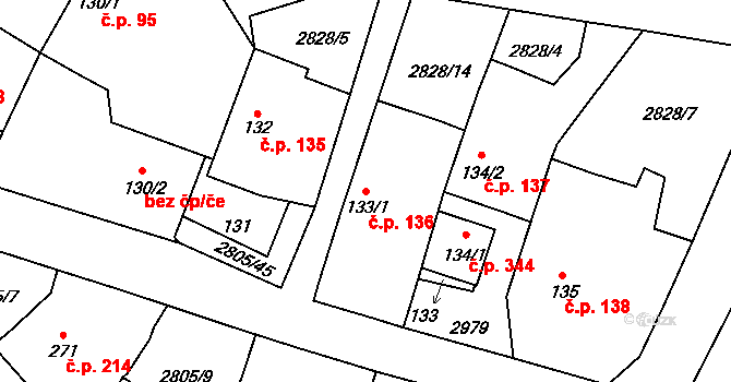 Štoky 136 na parcele st. 133/1 v KÚ Štoky, Katastrální mapa