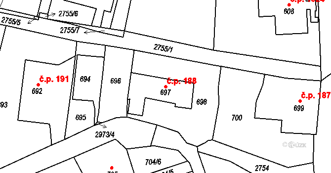 Dobruška 188 na parcele st. 697 v KÚ Dobruška, Katastrální mapa