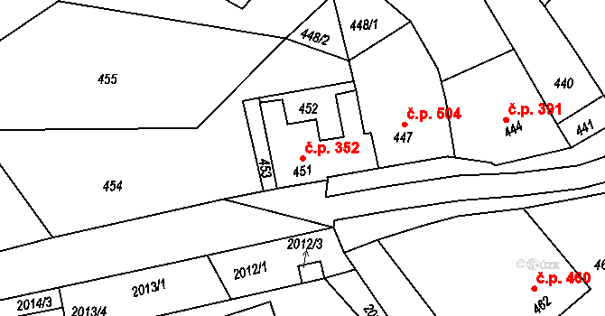 Klobouky u Brna 352 na parcele st. 451 v KÚ Klobouky u Brna, Katastrální mapa