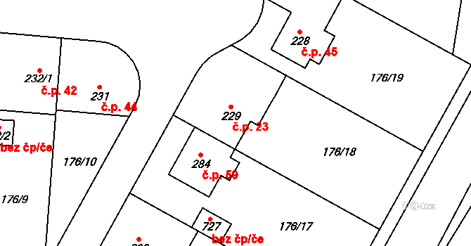 Mírovice 23, Veleň na parcele st. 229 v KÚ Veleň, Katastrální mapa