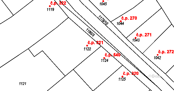 Šardice 321 na parcele st. 1122/3 v KÚ Šardice, Katastrální mapa