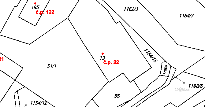 Děbolín 22, Jindřichův Hradec na parcele st. 13 v KÚ Děbolín, Katastrální mapa
