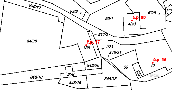 Zahořany 17, Křešice na parcele st. 135 v KÚ Zahořany u Litoměřic, Katastrální mapa