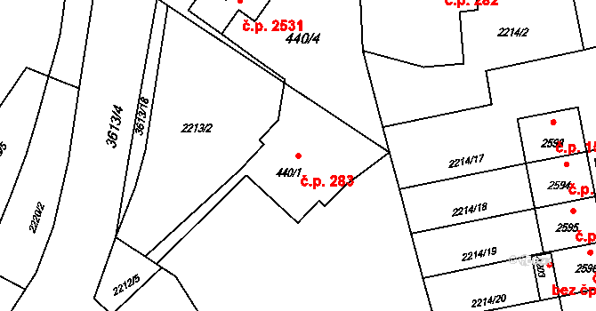 Rožnov pod Radhoštěm 283 na parcele st. 440/1 v KÚ Rožnov pod Radhoštěm, Katastrální mapa
