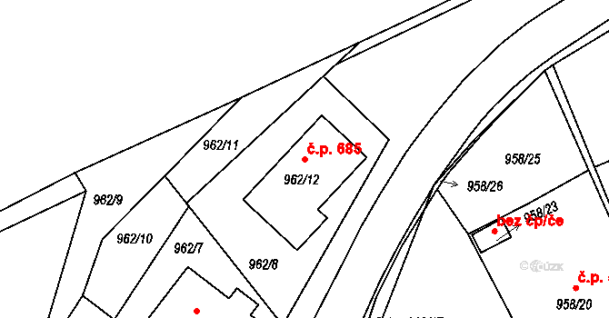 Březnice 685 na parcele st. 962/12 v KÚ Březnice, Katastrální mapa