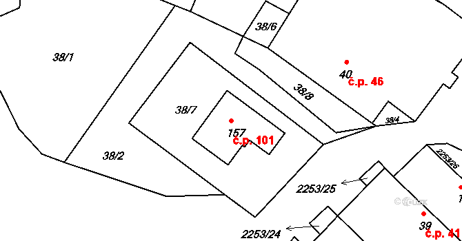 Březina 101 na parcele st. 157 v KÚ Březina u Deštné, Katastrální mapa