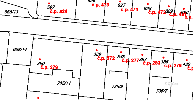 Uherské Hradiště 272 na parcele st. 389 v KÚ Uherské Hradiště, Katastrální mapa
